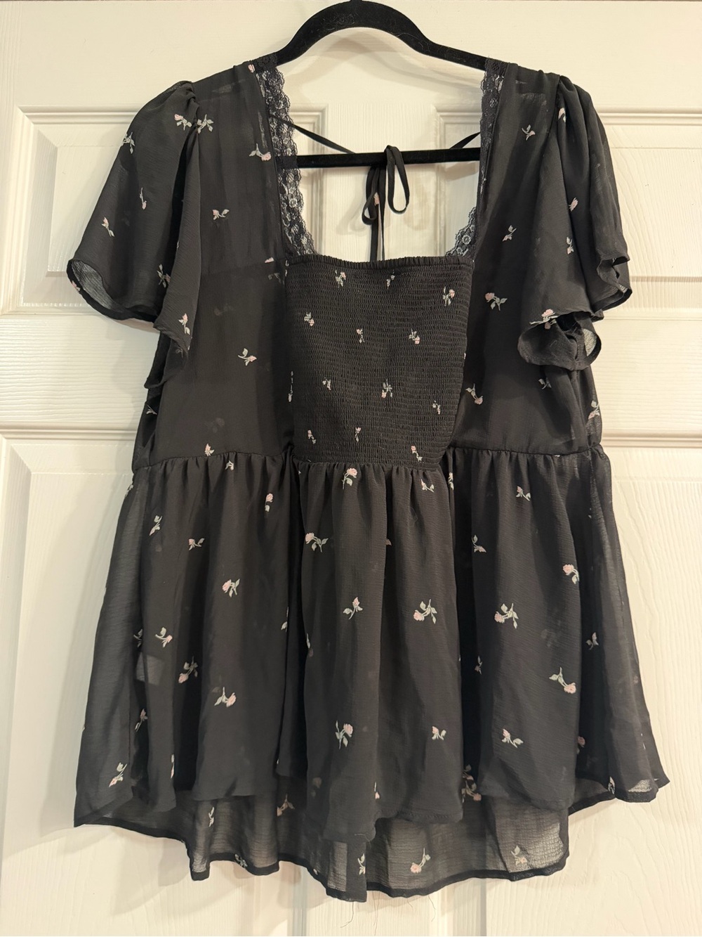 Torrid Sheer Black Floral Lace-Trim Tie-Back Peplum Tunic
